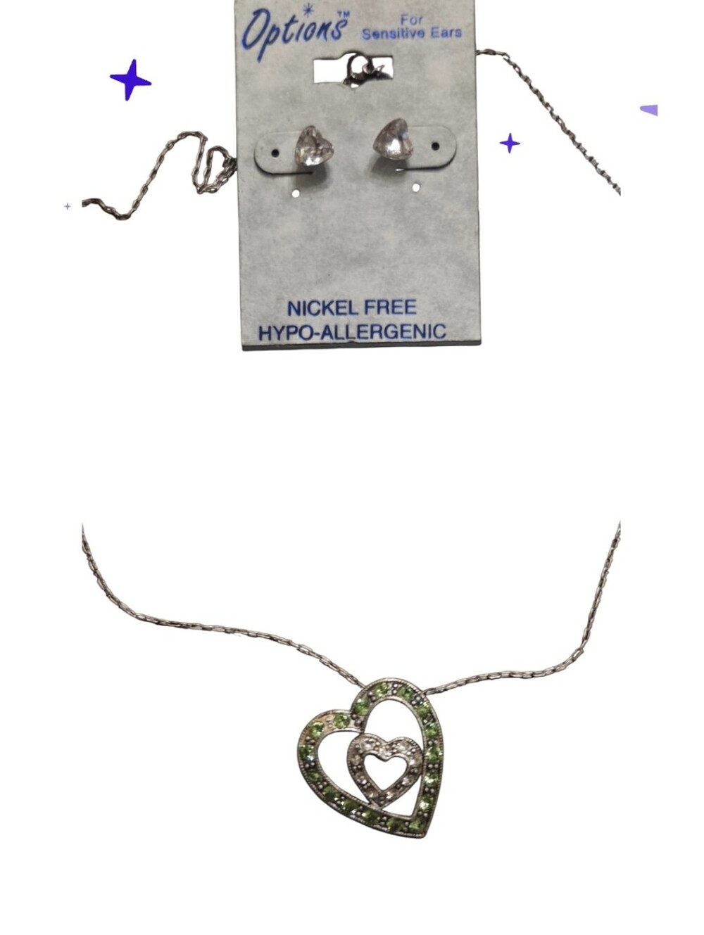 Vtg Silver-Tone Heart Necklace with Green Crystal Accents